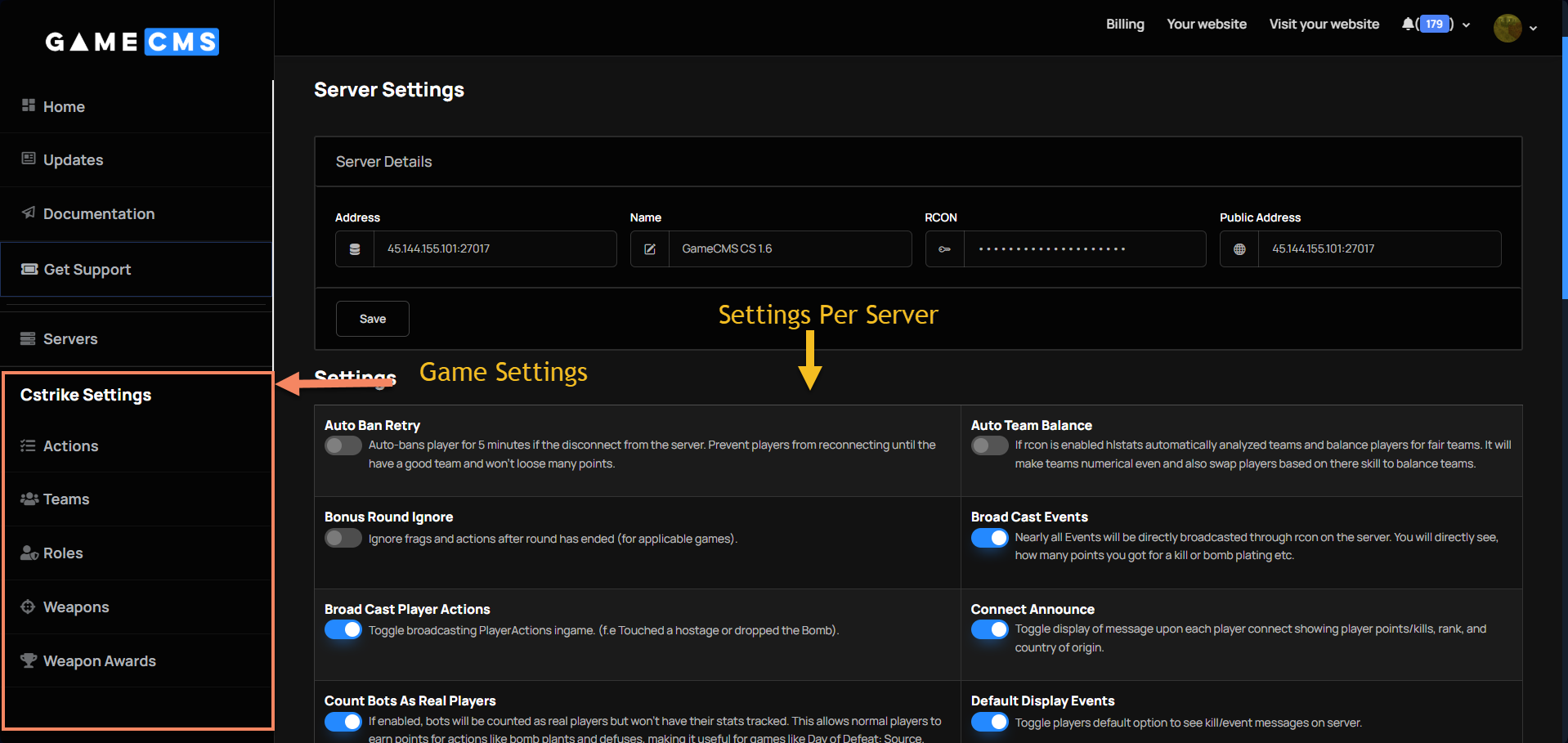 Game and Server Settings Interface